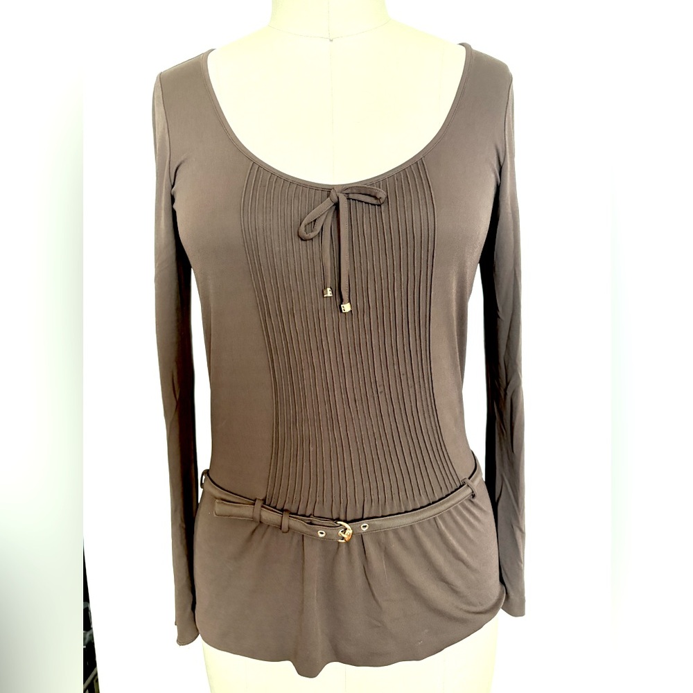 Vintage Gucci Fitted Brown Top: Pleated Bib, Bow, Belt, Stretch Jersey - Small